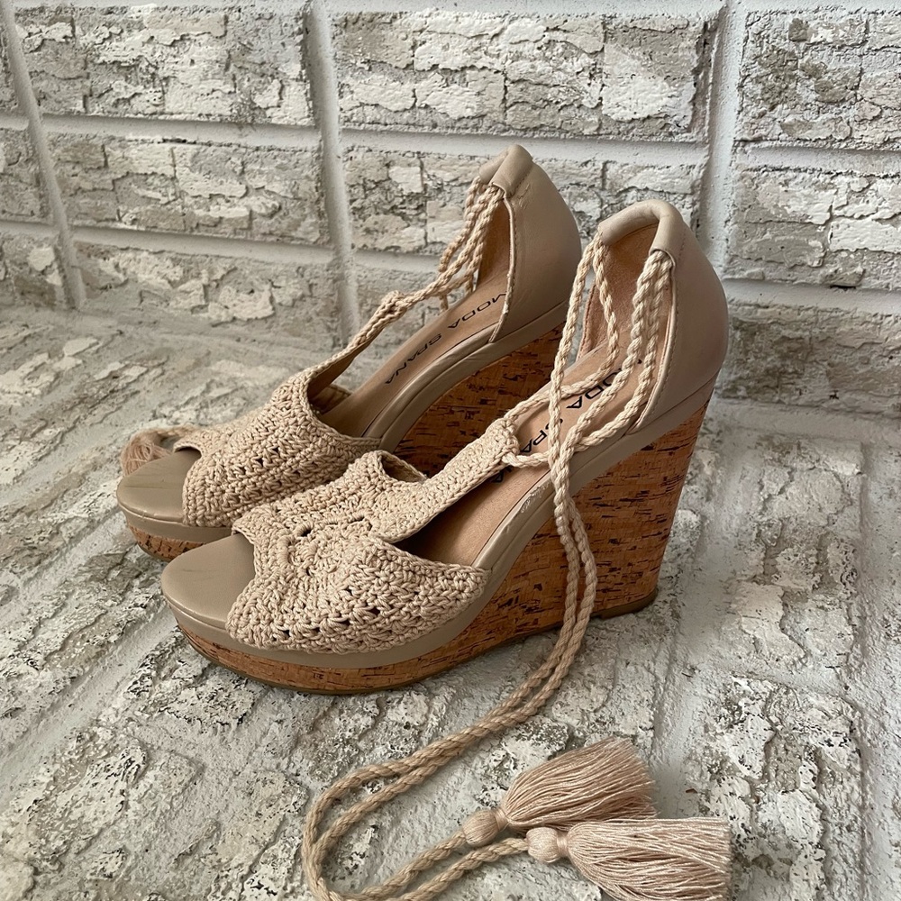 Beige Knit Tie Up Cork Wedge Sandals